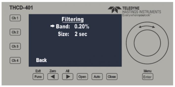 Filtering Screen - This screen allows the user to modify the band and buffer size of the adaptive filter.