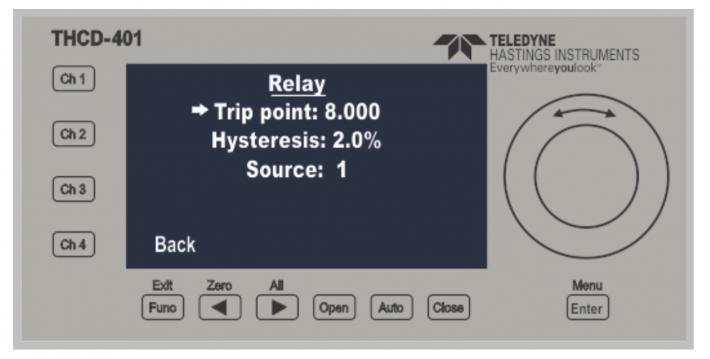 The Relay screen allows you to set the trip point for when the relay switches and set the source channel that is used to check if the trip point has been reached. T